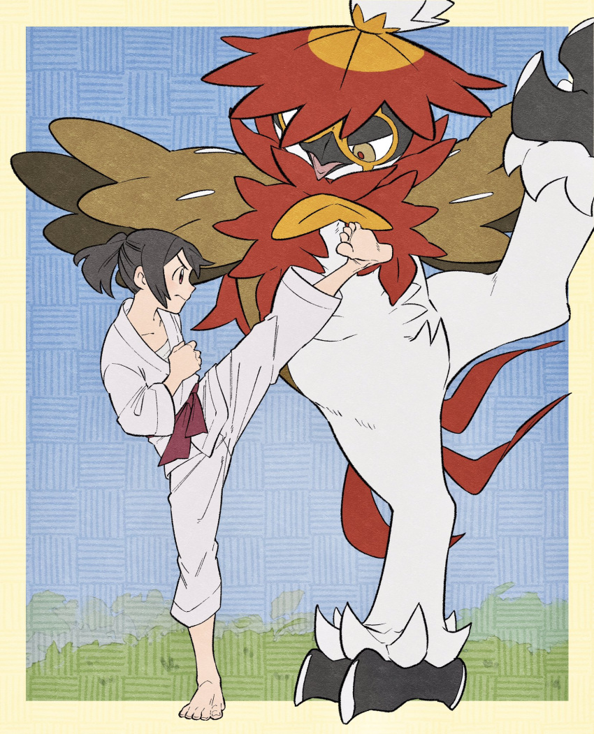 1boy barefoot belt border clenched_hand closed_mouth collarbone dougi from_side frown hand_up highres hisuian_decidueye jacket kicking male_focus pants pkpokopoko3 pokemon pokemon_(creature) pokemon_(game) pokemon_legends:_arceus ponytail red_belt rei_(pokemon) standing standing_on_one_leg toes training white_jacket white_pants yellow_border