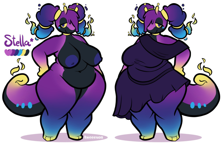 anthro aweeeson big_breasts black_body black_countershading breasts clothed clothing cosmog countershading curvy_figure dress female generation_6_pokemon generation_7_pokemon goodra hands_on_hips hi_res hybrid legendary_pokemon model_sheet multicolored_body nintendo nude overweight overweight_female pigtails pokemon pokemon_(species) purple_body solo stella_(aweeeson) thick_thighs wide_hips