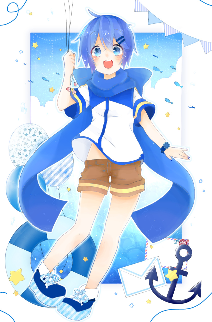 1boy anchor balloon banner blue_footwear blue_hair blue_nails blue_scarf blue_sky blue_theme blush bow brown_shorts child cloud cloudy_sky fish hair_ornament hairclip happy highres holding holding_balloon ibispaint_(medium) kaito_(vocaloid) letter lifebuoy mail male_child male_focus midriff_peek nail_polish omochi. open_mouth paper sailor scarf scarf_bow shirt shoelaces shoes short_hair short_sleeves shorts sky smile solo star_(symbol) striped vocaloid water