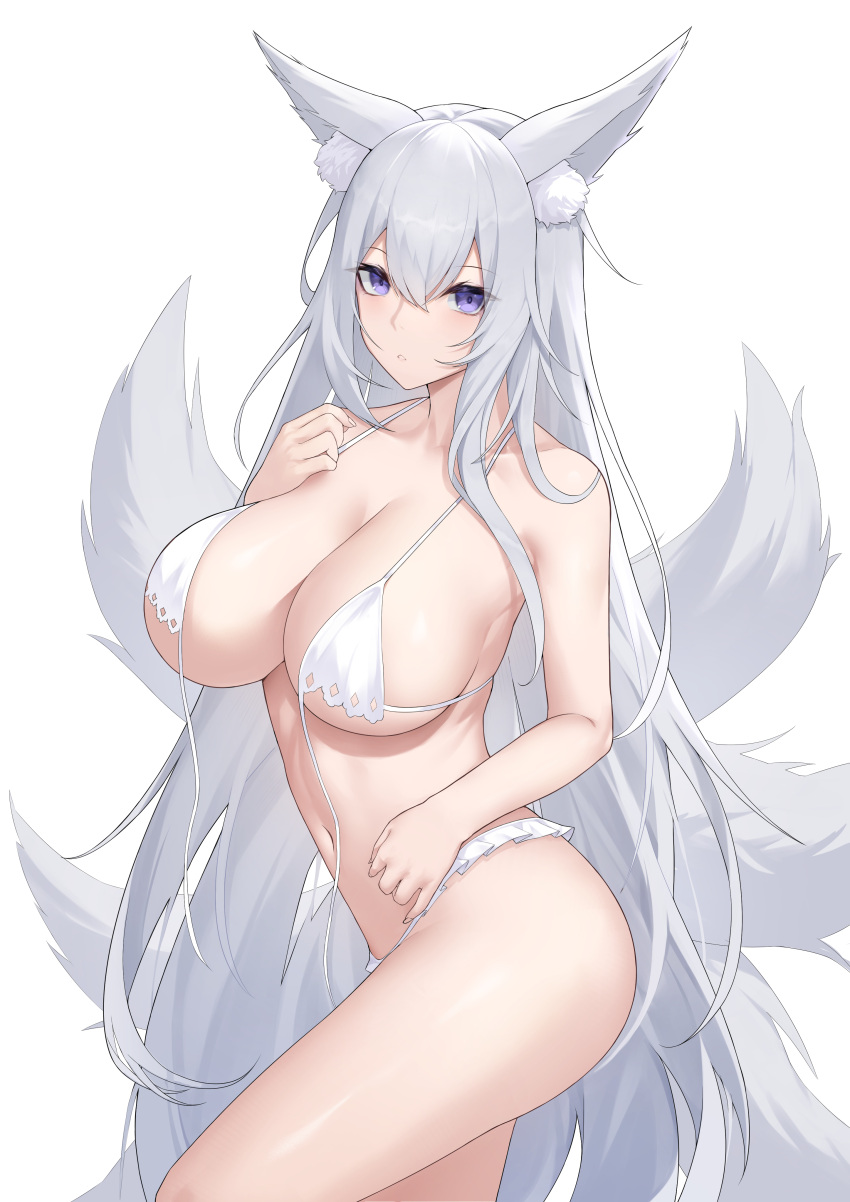 1girl absurdres animal_ear_fluff animal_ears azur_lane bikini breasts fox_ears fox_girl fox_tail from_side highres large_breasts long_hair multiple_tails navel parted_lips purple_eyes shinano_(azur_lane) shinano_(dreamy_white_sands)_(azur_lane) simple_background solo stomach swimsuit tail very_long_hair white_background white_bikini white_hair yomi1221