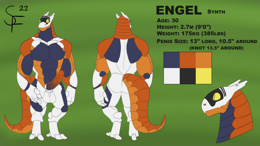 16:9 2022 abs absurd_res android anthro balls biceps blue_body digital_media_(artwork) digitigrade engel_(natsutheott) english_text erection flat_colors genitals gradient_penis headshot_portrait hi_res humanoid machine male model_sheet muscular muscular_anthro muscular_humanoid muscular_male natsutheott orange_body pecs penis portrait robot screen screen_face simple_background solo standing synth_(vader-san) synthetic tail text turnaround white_balls white_body widescreen yellow_eyes