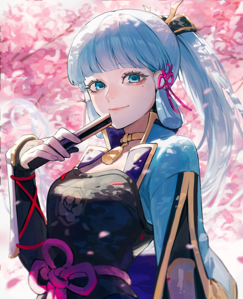 1girl absurdres armor blue_eyes blue_hair blunt_bangs bracer breastplate cherry_blossoms choker cropped_torso eyeliner eyeshadow fan_to_mouth genshin_impact hair_ornament hand_fan highres itou_(very_ito) japanese_armor kamisato_ayaka kusazuri looking_at_viewer makeup mole mole_under_eye paper_fan pink_nails ponytail sidelocks tassel wide_sleeves yellow_choker