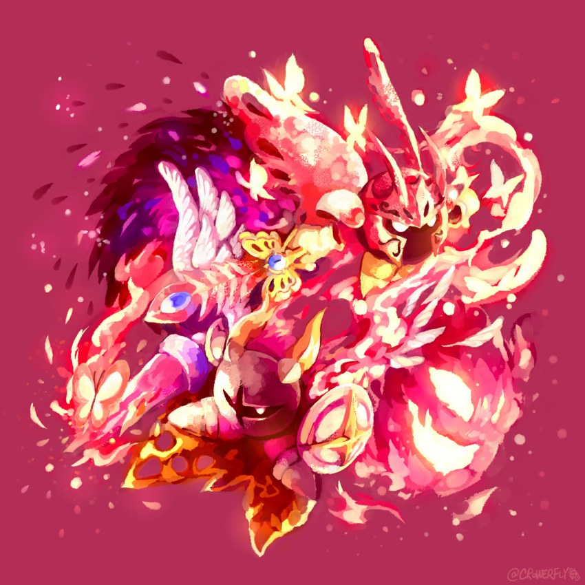 bug butterfly butterfly_wings commentary_request crowerfly galacta_knight gloves highres holding holding_sword holding_weapon horns kirby:_star_allies kirby_(series) mask morpho_knight no_humans shield sword twitter_username weapon white_eyes wings