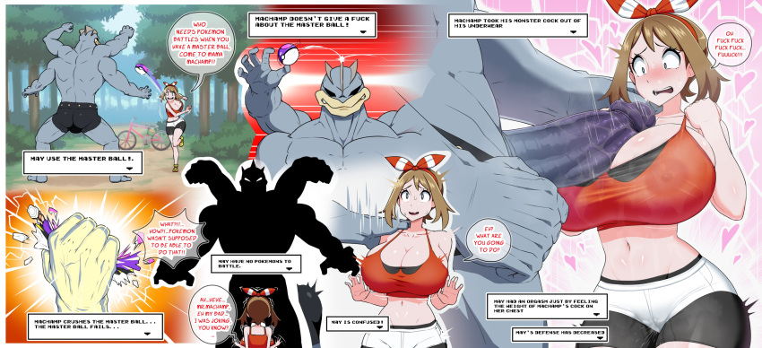 absurd_res areola big_breasts big_penis bottomwear breasts cleavage clothed clothed/nude clothed_female clothing duo female fully_clothed generation_1_pokemon genitals hi_res huge_breasts huge_penis human imminent_rape larger_male machamp male male/female mammal maruzyrukun may_(pokemon) nintendo nipple_outline nipples nude nude_male penis pokemon pokemon_(species) profanity shirt shorts size_difference small_waist smaller_female tank_top thick_thighs topwear wide_hips