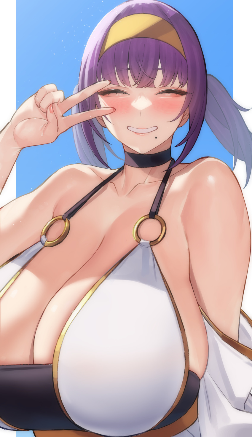 1girl absurdres bare_shoulders black_choker blood_hood blush breasts choker cleavage closed_eyes collarbone ella_(blood_hood) facing_viewer grin hairband hand_up highres huge_breasts mole mole_under_mouth original purple_hair smile upper_body v