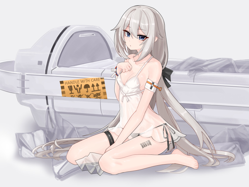 1girl 9a-91_(girls'_frontline) absurdres awakening_(neural_cloud) barcode barcode_tattoo bare_shoulders barefoot black_panties blue_eyes breasts camisole cleavage full_body girls'_frontline grey_hair highres long_hair looking_at_viewer medium_breasts nabiyan panties see-through_camisole side-tie_panties sitting solo tattoo underwear very_long_hair wariza