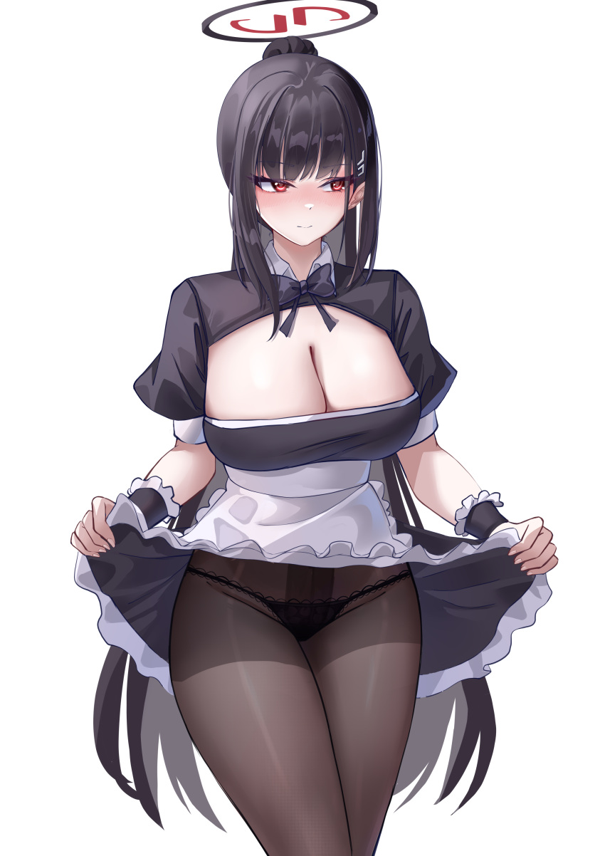 1girl absurdres alternate_costume alternate_hairstyle apron black_hair black_panties blue_archive breasts cleavage clothes_lift dress dress_lift enmaided frilled_dress frills hair_ornament hairclip highres kaijiba large_breasts long_hair looking_to_the_side maid maid_apron panties panties_under_pantyhose pantyhose ponytail rio_(blue_archive) simple_background solo underwear very_long_hair wrist_cuffs