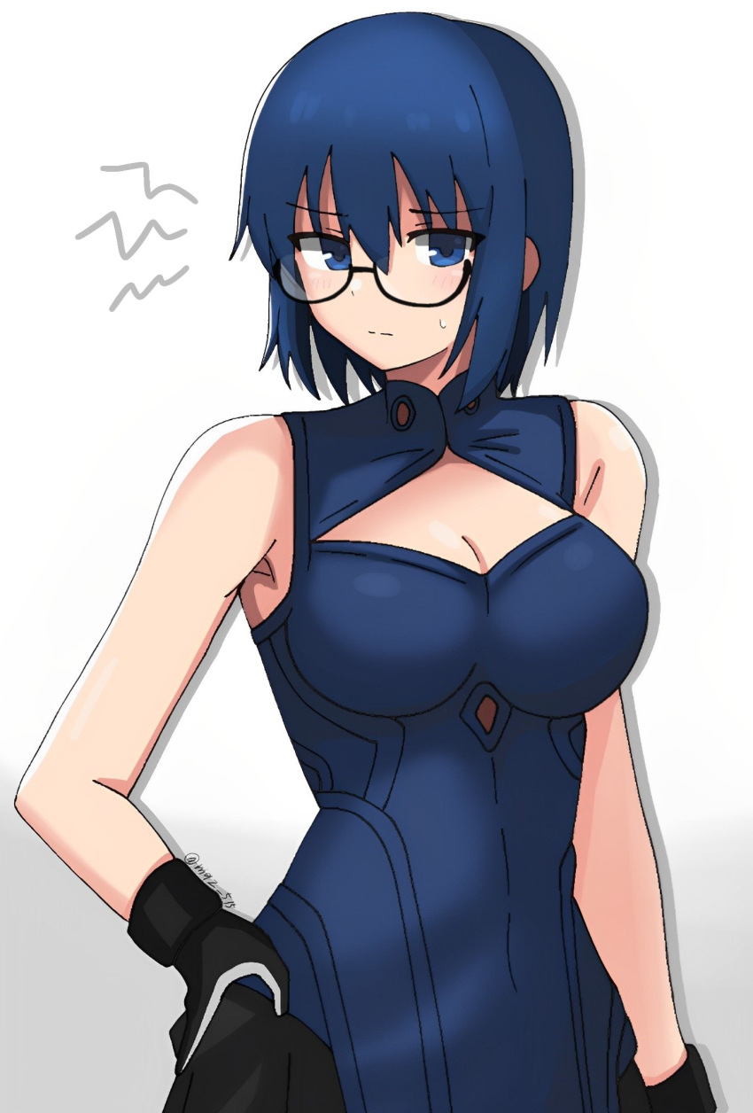 1girl black-framed_eyewear black_gloves blue_bodysuit blue_eyes blue_hair blush bodysuit breasts ciel_(tsukihime) cleavage_cutout closed_mouth clothing_cutout commentary_request glasses gloves hair_between_eyes hand_on_hip highres large_breasts looking_at_viewer maz_515 official_alternate_costume powered_ciel short_hair simple_background sleeveless sleeveless_bodysuit solo sweatdrop tsukihime tsukihime_(remake) twitter_username white_background