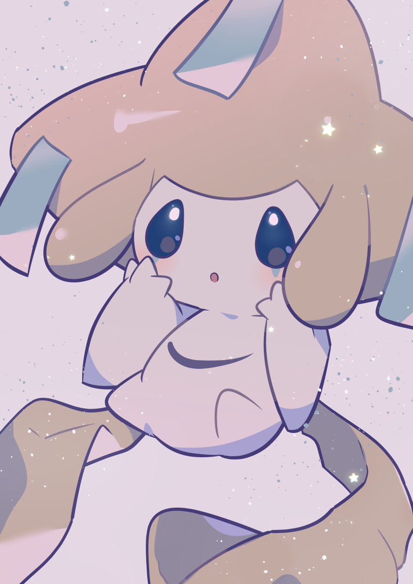 :o absurdres black_eyes blush bright_pupils colored_skin commentary_request grey_background hands_up highres jirachi no_humans open_mouth pokemon pokemon_(creature) shiramizore_(rate1026) solo white_pupils white_skin