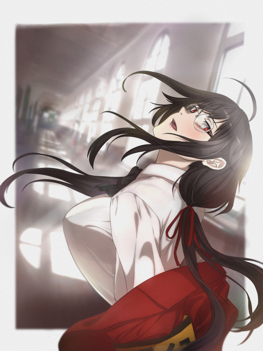 1girl absurdres akizuki_(17769498) armband azur_lane black_bow black_bowtie black_bra black_hair bow bowtie bra bra_visible_through_clothes from_side highres indoors jacket official_alternate_costume open_mouth red_eyes red_jacket round_eyewear see-through see-through_shirt see-through_silhouette shirt shirt_tucked_in solo taihou_(azur_lane) taihou_(sweet_time_after_school)_(azur_lane) tented_shirt underwear upper_body white_shirt yellow_armband