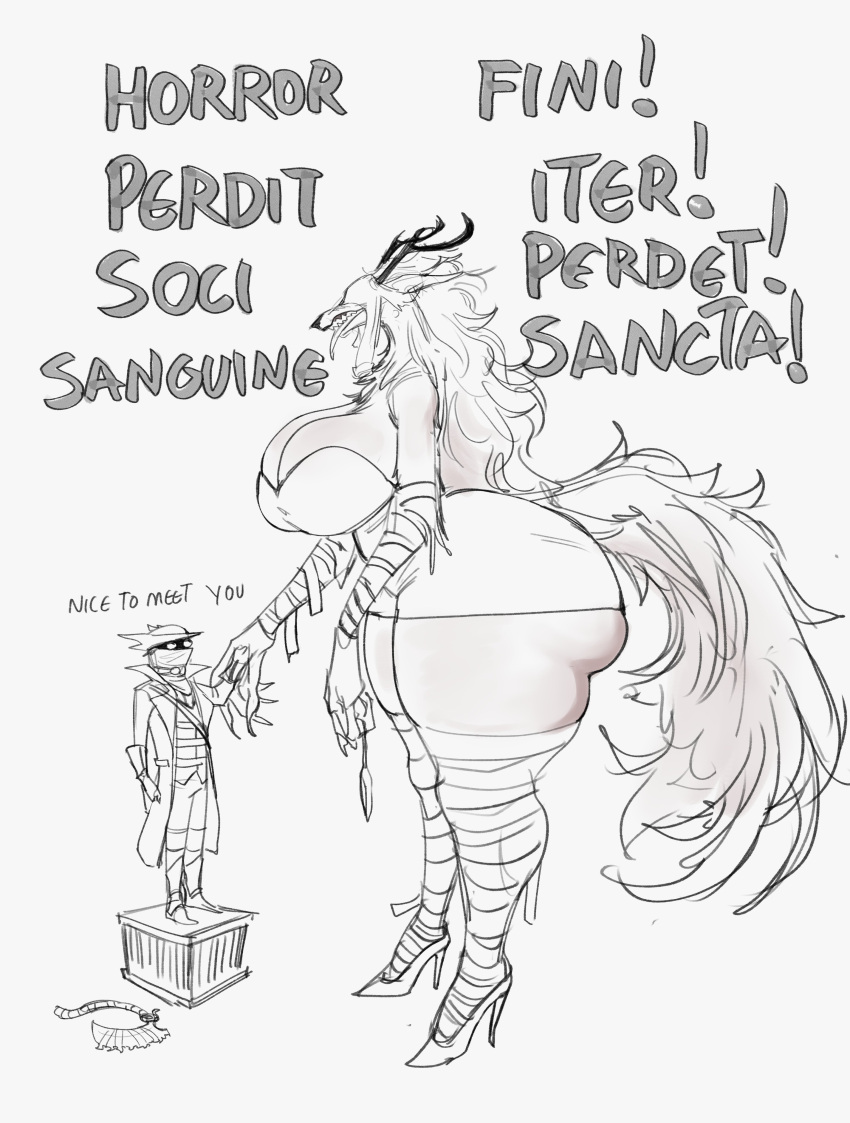 absurd_res anthro antlers bandage beast_(bloodborne) big_breasts big_butt big_tail black_antlers bloodborne breasts butt canid canine canis cleavage clothed clothing dankwoll dialogue dress duo female footwear fromsoftware grey_background hair hi_res high_heels horn huge_breasts huge_butt humanoid long_hair male mammal sharp_teeth side_view simple_background skindentation sony_corporation sony_interactive_entertainment tail teeth text the_hunter_(bloodborne) thick_thighs tongue tongue_out vicar_amelia wide_hips wolf