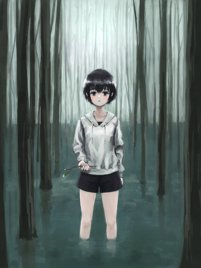 1girl absurdres black_hair black_shorts highres hood hoodie leaf light_blush okura_lino original short_hair shorts solo stick wading