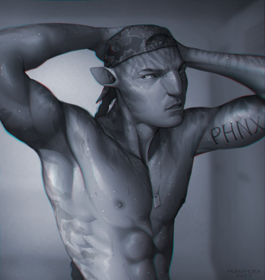 abs alien alien_humanoid arm_tattoo artist_name athletic athletic_male biceps biped blue_body blue_skin body_writing clothing dog_tags female hair hat headgear headwear hi_res humanoid humanoid_pointy_ears james_cameron's_avatar jewelry male muhomora na'vi necklace signature simple_background solo standing striped_body stripes tattoo text