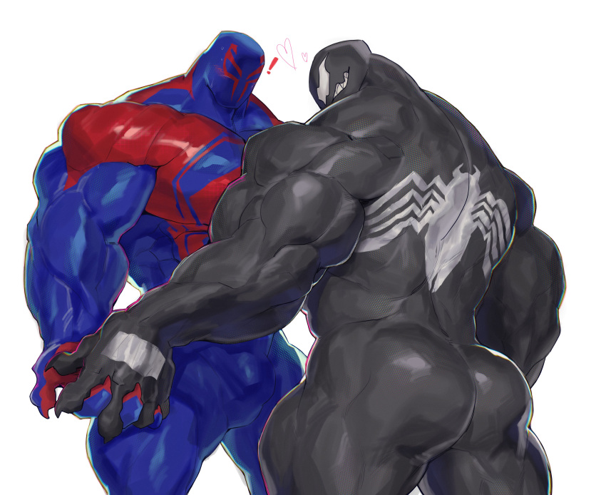 &lt;3 2023 absurd_res animal-shaped_markings anthro arachnid-shaped_markings arthropod-shaped_markings back_markings back_muscles barazoku black_body blue_clothing blue_suit butt claws clothing diangun duo exclamation_point finger_claws hand_holding hi_res human humanoid hybrid male mammal markings marvel miguel_o'hara multicolored_clothing muscular muscular_anthro muscular_male red_clothing red_suit spider-man:_across_the_spider-verse spider-shaped_markings suit symbiote venom_(marvel) white_markings