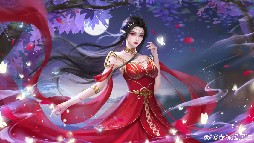 1girl absurdres armlet artist_request bare_shoulders black_hair bug butterfly cai_lin_(doupo_cangqiong) collar doupo_cangqiong dress facial_mark forehead_mark glowing_butterfly highres long_hair looking_at_viewer metal_collar moon night pointy_ears red_dress red_eyes red_nails second-party_source smoke solo sparkle tree