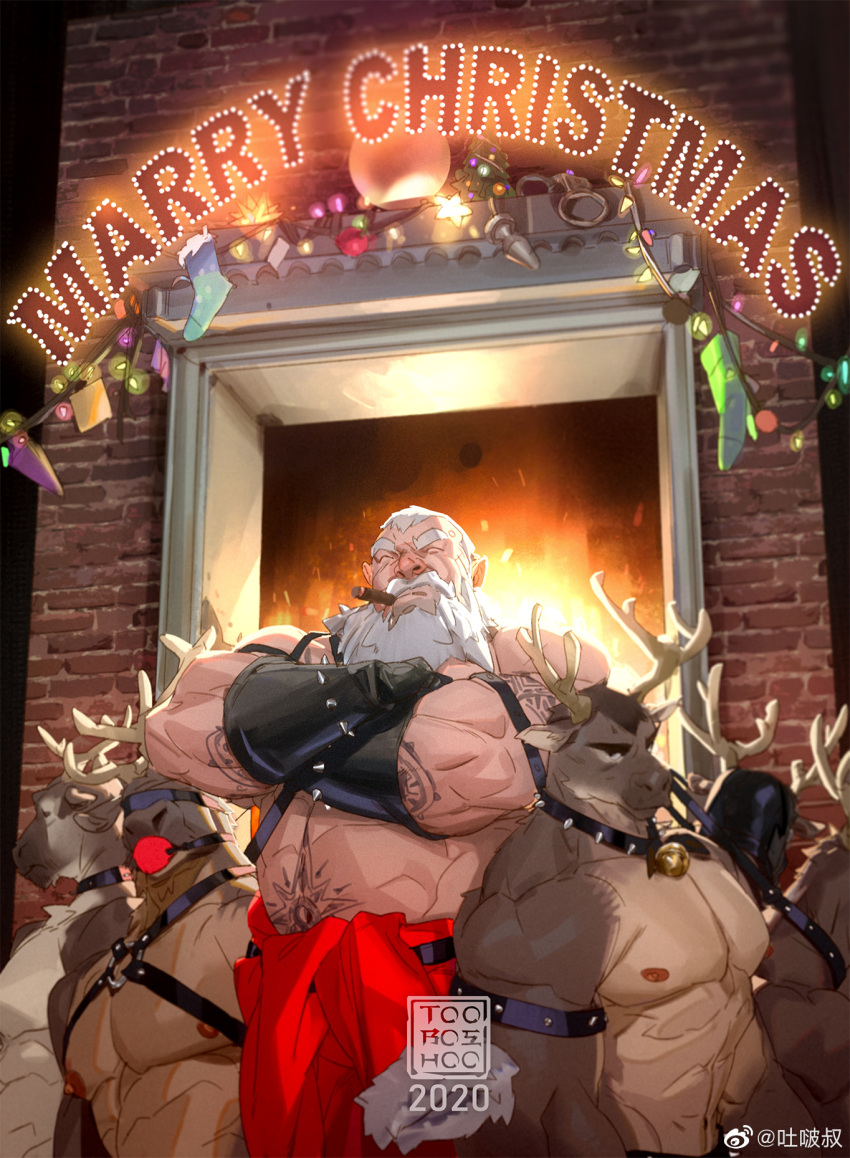 2020 abs ball_gag bara beard belly cigar collar crossed_arms english_text engrish_text facial_hair facing_viewer feet_out_of_frame fireplace furry furry_male gag gagged gloves highres large_pectorals long_beard male_focus mature_male merry_christmas muscular muscular_male nipples old old_man original pectorals ranguage santa_claus short_hair smoking spiked_collar spikes strongman_waist surrounded thick_eyebrows tooboshoo topless_male