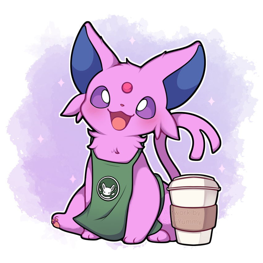 :d absurdres apron artist_name espeon green_apron highres looking_at_viewer no_humans open_mouth outline pink_background pink_eyes pokemon pokemon_(creature) sevi_(seviyummy) smile solo starbucks watermark white_background white_outline
