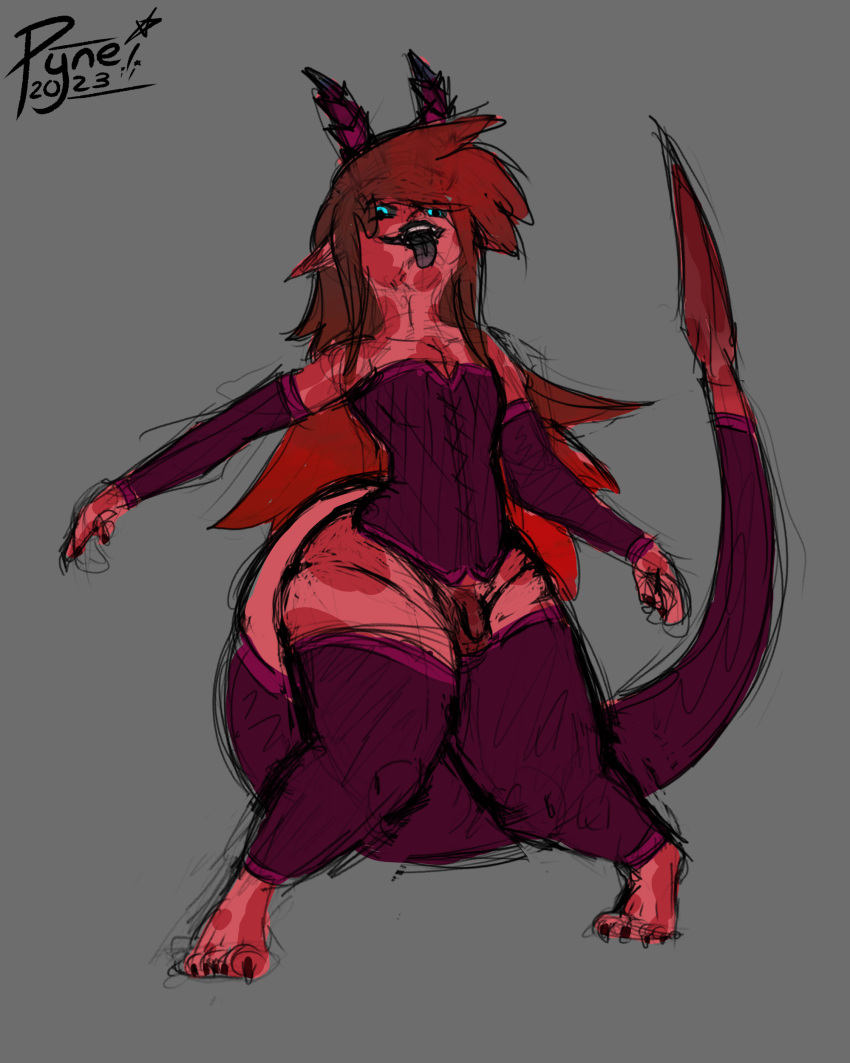 absurd_res anthro blue_eyes clothing corset hi_res horn humanoid lingerie male pyne_(artist) red_body red_skin simple_background solo spikey_tail tiefling topwear wide_hips
