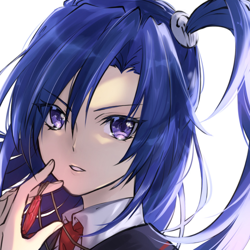 1girl blue_hair collared_shirt crystal hair_between_eyes hair_ornament highres inawo18 jewelry kazanari_tsubasa lips long_hair lydian_academy_school_uniform necklace necktie parted_lips portrait purple_eyes school_uniform senki_zesshou_symphogear shirt side_ponytail solo symphogear_pendant white_background