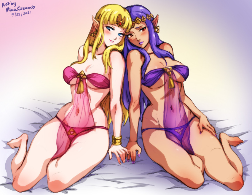 2021 2girls artist_name blonde_hair blue_eyes breasts dated earrings jewelry medium_breasts mina_cream multiple_girls navel pointy_ears princess_hilda princess_zelda purple_hair red_eyes see-through the_legend_of_zelda the_legend_of_zelda:_a_link_between_worlds triforce