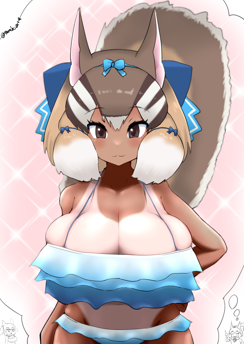 1girl absurdres animal_costume animal_ear_fluff animal_ears bikini blue_bikini breasts brown_eyes brown_hair chipmunk_costume chipmunk_ears chipmunk_girl chipmunk_tail closed_mouth extra_ears highres huge_breasts kemono_friends kemono_friends_v_project large_breasts looking_at_viewer multicolored_hair ribbon short_hair siberian_chipmunk_(kemono_friends) simple_background smile solo swimsuit tail tan tanio_(tanio_0114) tanlines virtual_youtuber white_hair