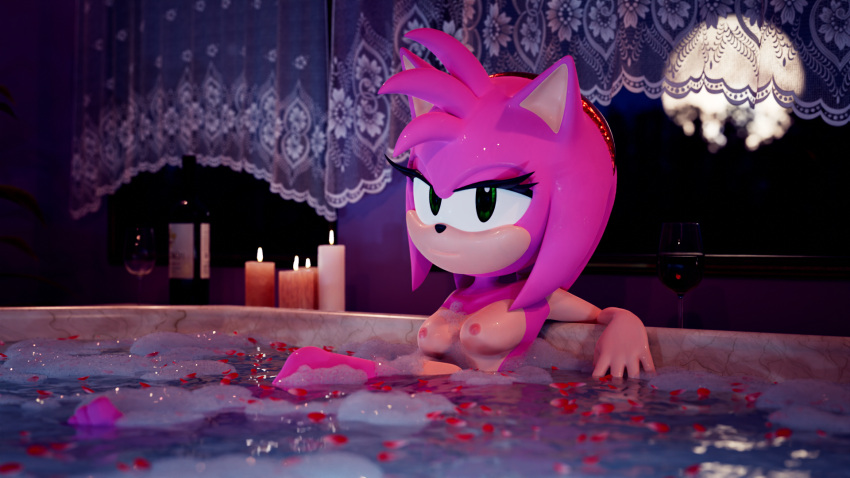 16:9 3d_(artwork) amy_rose anthro bath bathing bathtub breasts digital_media_(artwork) eulipotyphlan female fur ganondork green_eyes hedgehog hi_res looking_at_viewer mammal nipples nude pink_body pink_fur sega soap solo sonic_the_hedgehog_(series) suds water wet wet_body widescreen