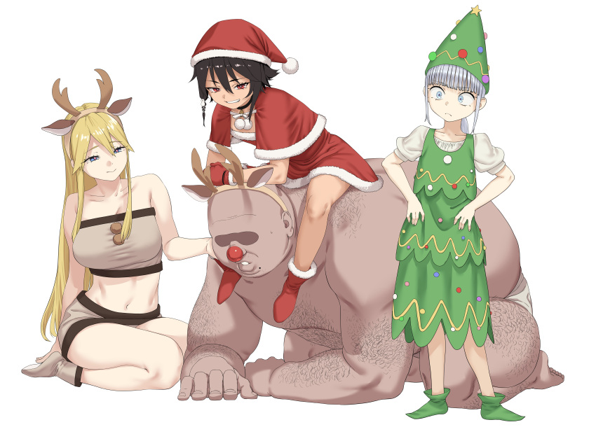 1boy 3girls absurdres animal_ears antlers arm_hair black_hair blonde_hair blue_eyes body_hair breasts capelet christmas christmas_tree_costume deer_ears dress fake_animal_ears fat fat_man full_body fur-trimmed_dress fur-trimmed_headwear fur_trim gloves green_dress grey_eyes grey_hair hat highres large_breasts long_hair looking_at_another lulu_(pastime774) multiple_girls navel original pastime774 pom_pom_(clothes) red_capelet red_dress red_eyes red_gloves red_headwear reindeer_antlers santa_costume santa_hat seiza short_sleeves simple_background sitting sitting_on_person very_long_hair white_background