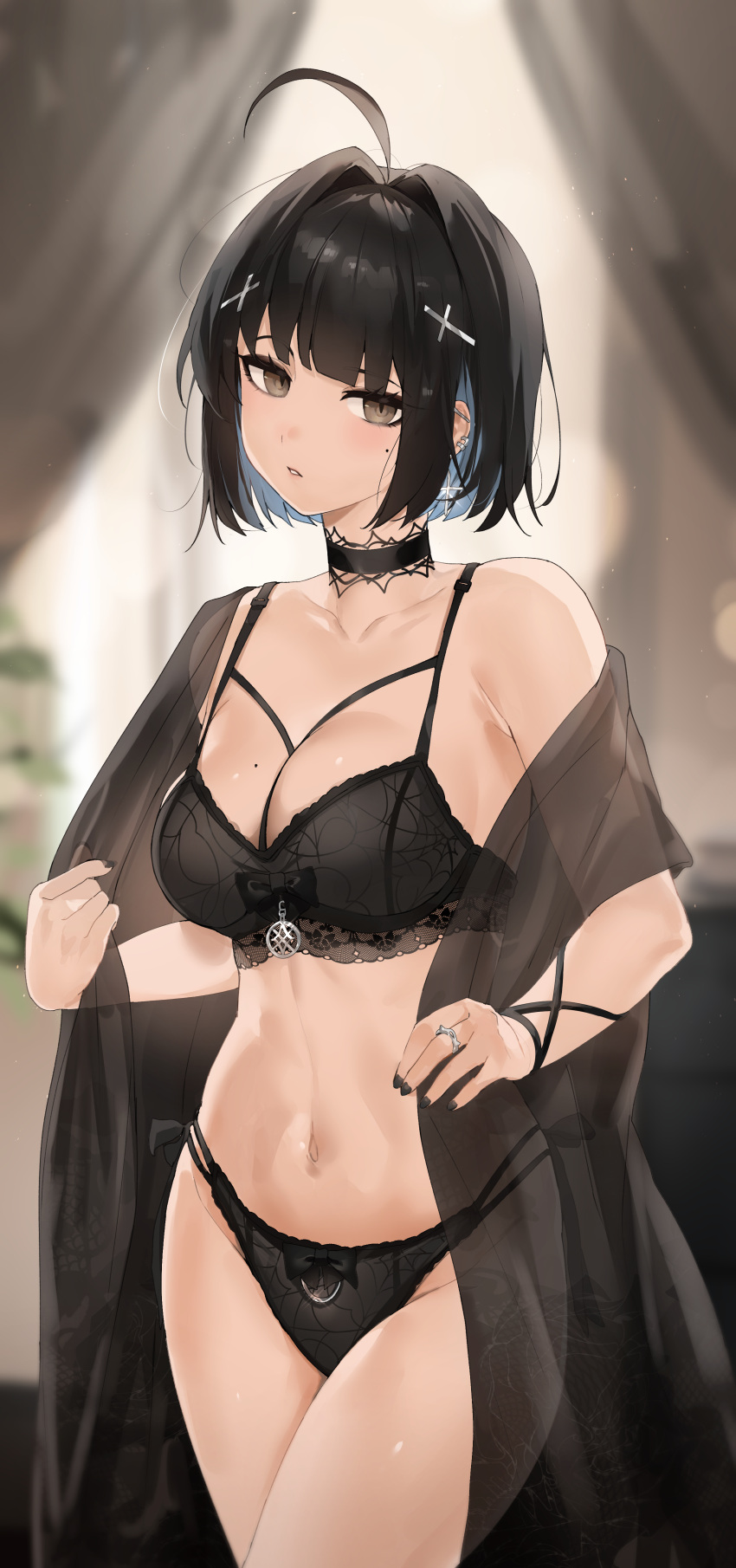 1girl absurdres ahoge bare_shoulders black_bra black_choker black_hair black_panties bra breasts brown_eyes choker cleavage colored_inner_hair ear_piercing earrings hair_ornament hairclip highres irene_(kanniiepan) jewelry kanniiepan looking_at_viewer medium_breasts mole mole_on_breast mole_under_eye multi-strapped_bra multi-strapped_panties multicolored_hair nail_polish navel off_shoulder original panties parted_lips piercing ring short_hair solo stomach thighs underwear