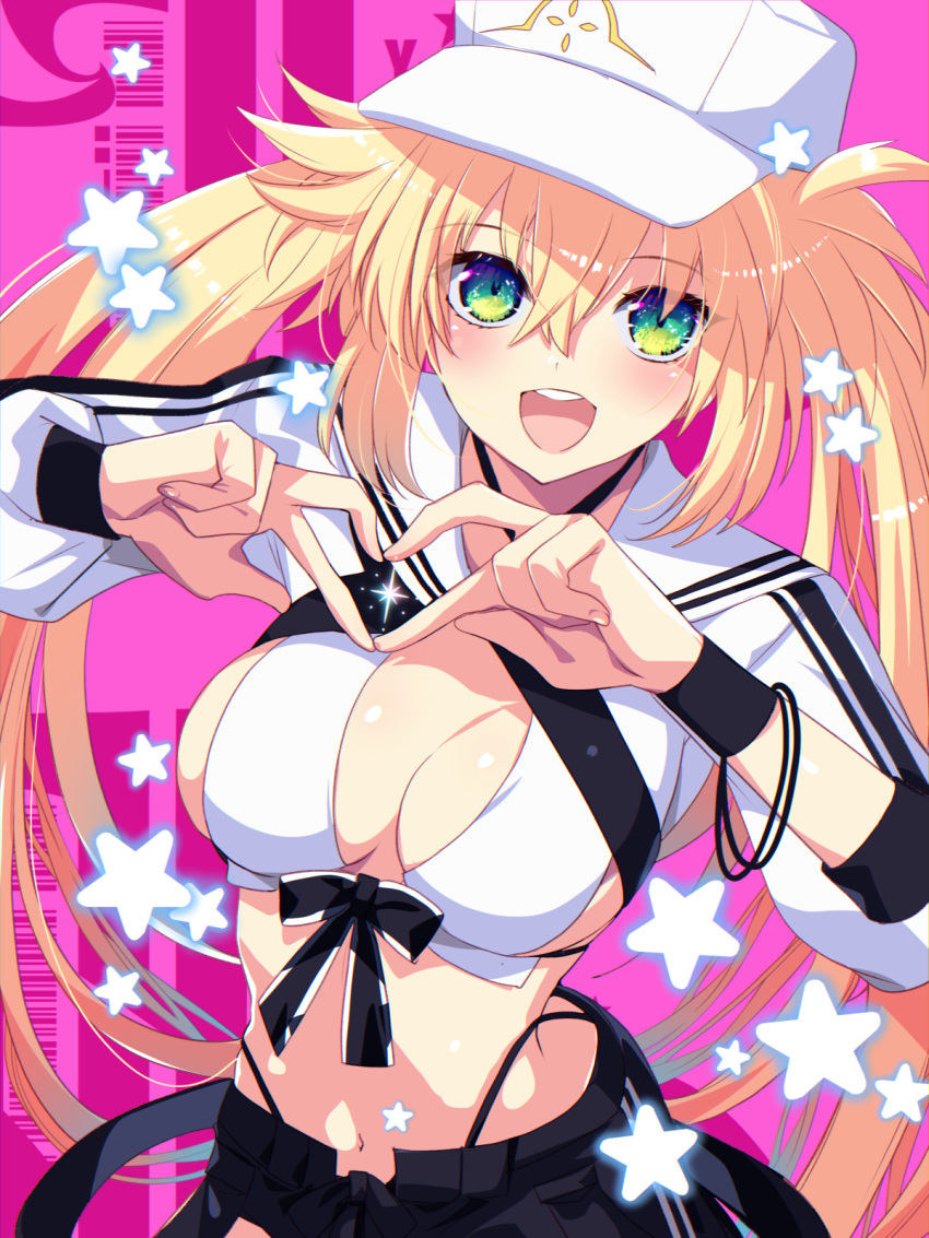 1girl artoria_caster_(fate) artoria_caster_(swimsuit)_(fate) artoria_pendragon_(fate) baseball_cap bikini black_pants blonde_hair blush breasts cleavage cropped_jacket fate/grand_order fate_(series) green_eyes hat heart heart_hands highres jacket long_hair long_sleeves looking_at_viewer medium_breasts navel open_mouth pants shrug_(clothing) smile solo swimsuit tajima_yoshikazu twintails white_bikini white_headwear white_jacket