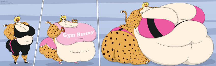 2022 absurd_res anthro belly belly_expansion big_belly big_breasts big_butt blonde_hair blush bodily_fluids bottomwear breasts butt cheetah clothing copyright_symbol corrina_(pudgyprose) deep_navel digital_media_(artwork) expansion felid feline female food footwear fur green_eyes growth hair hi_res huge_breasts huge_butt huge_thighs hyper hyper_belly hyper_breasts hyper_butt hyper_thighs mammal morbidly_obese morbidly_obese_anthro morbidly_obese_female musclegut muscular muscular_anthro muscular_female navel obese obese_anthro obese_female open_mouth overweight overweight_anthro overweight_female sandwich_(food) satsumalord shoes shorts solo spots spotted_body spotted_fur sweat sweatdrop symbol text text_on_clothing text_on_topwear thick_thighs topwear weight_gain