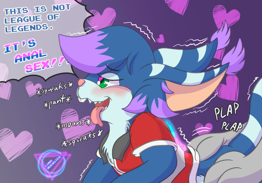 &lt;3 &lt;3_eyes ambiguous_gender anal anthro art_meme blue_body blush bottomless chua clothed clothing doggystyle duo from_behind_position gameplay_mechanics gui health_bar heart_background hi_res implied_rape jacket_only league_of_legends luna_muenster_(fursona) lunamuenster lust lustful_gaze mammal nonbinary_(lore) onomatopoeia riot_games rodent sex sound_effects speech_bubble teeth_showing text text_box tongue tongue_out wildstar