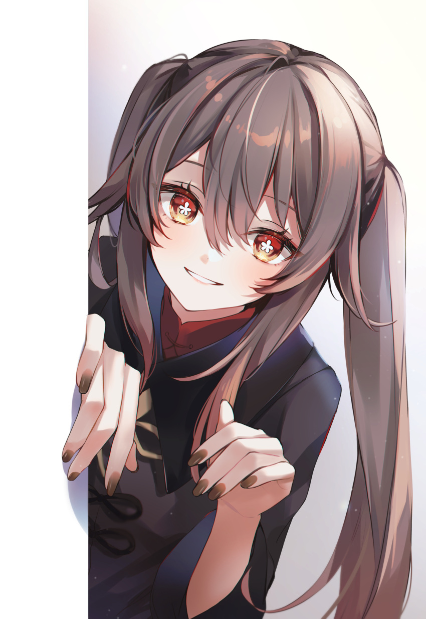 1girl 7aka_ne11 absurdres black_nails brown_hair chinese_clothes collared_coat flower-shaped_pupils genshin_impact hair_between_eyes highres hu_tao_(genshin_impact) long_hair long_sleeves looking_at_viewer parted_lips red_eyes smile solo symbol-shaped_pupils teeth twintails