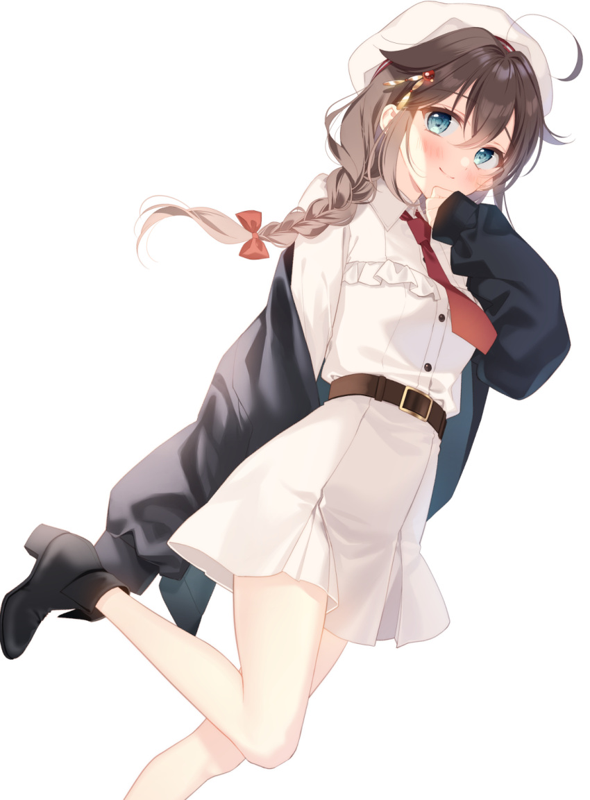 1girl ahoge belt black_footwear blue_eyes boots braid brown_belt brown_hair buttons closed_mouth collared_dress dress foot_out_of_frame hair_between_eyes hair_flaps hat highres kantai_collection long_hair naoto_(tulip) necktie official_alternate_costume red_necktie shigure_(kancolle) shigure_kai_san_(kancolle) simple_background single_braid sleeves_past_wrists smile solo white_background white_dress white_headwear