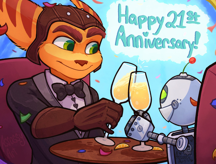 2023 anthro assassyart beverage bow_tie brown_clothing brown_gloves brown_handwear brown_nose brown_stripes chair champagne_glass cheek_tuft clank_(ratchet_and_clank) clothing duo eyebrows facial_tuft food fruit fur furniture gloves green_eyes handwear headgear headwear hi_res lemon lombax machine male mammal onomatopoeia plant ratchet ratchet_and_clank robot sony_corporation sony_interactive_entertainment sound_effects striped_body striped_fur stripes suit table text tuft yellow_body yellow_fur