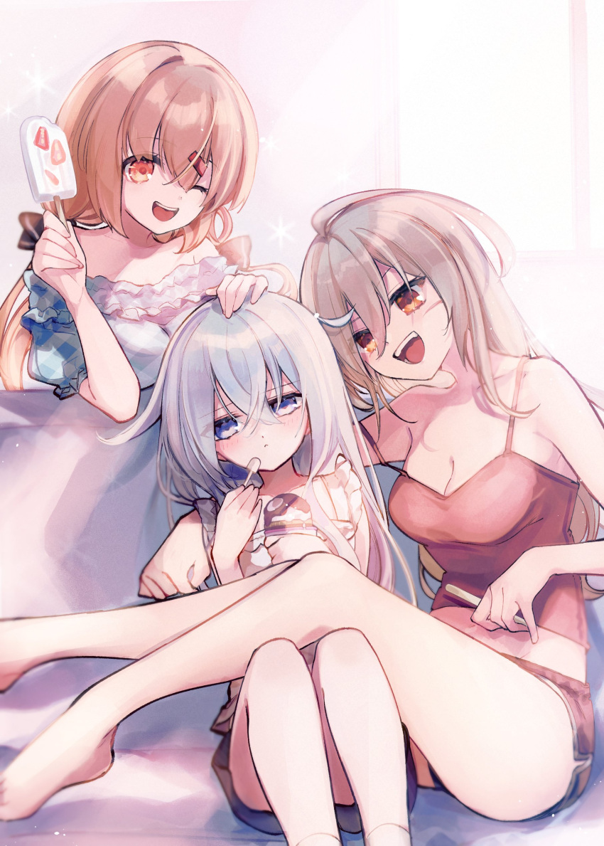 3girls absurdres alternate_costume bare_legs black_ribbon blush breasts brown_hair cleavage closed_mouth couch food gangut_(kancolle) grey_hair hair_between_eyes hair_ornament hair_ribbon hairclip hand_on_another's_head hibiki_(kancolle) highres holding holding_food kantai_collection long_hair medium_breasts megane_poni multiple_girls off_shoulder one_eye_closed open_mouth orange_eyes popsicle popsicle_stick ribbon scar scar_on_cheek scar_on_face short_shorts shorts sitting tashkent_(kancolle) teeth upper_teeth_only