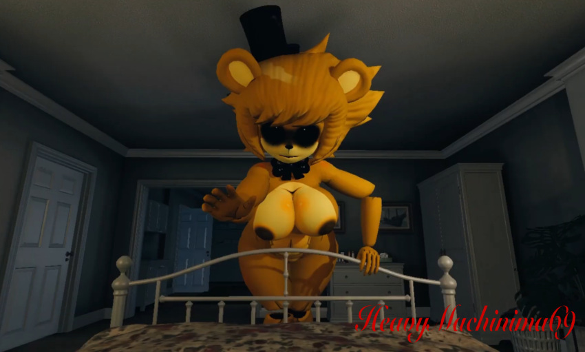3d_(artwork) anthro bear bed bedroom big_breasts black_eyes blonde_hair bow_tie breasts clothing creepy dark_room digital_media_(artwork) female five_nights_at_freddy's floating_limbs fredina's_nightclub furniture garry's_mod golden_freddy_(fnaf) golden_fredina_(cally3d) hair hat headgear headwear heavymachinima69 hi_res looking_at_viewer mammal nude nude_female pupils reaching_out reaching_towards_viewer scottgames solo thick_thighs top_hat white_pupils yellow_body