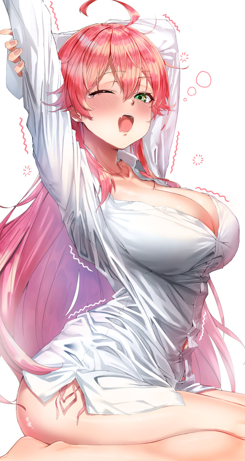 1girl absurdres ahoge arms_behind_head arms_up bare_legs blush breasts button_gap cleavage collarbone fang green_eyes hair_between_eyes highres hololive large_breasts long_hair long_sleeves looking_at_viewer naked_shirt one_eye_closed open_mouth partially_unbuttoned pink_hair raag_jp sakura_miko seiza shirt simple_background sitting skin_fang solo stretching trembling virtual_youtuber white_shirt yawning