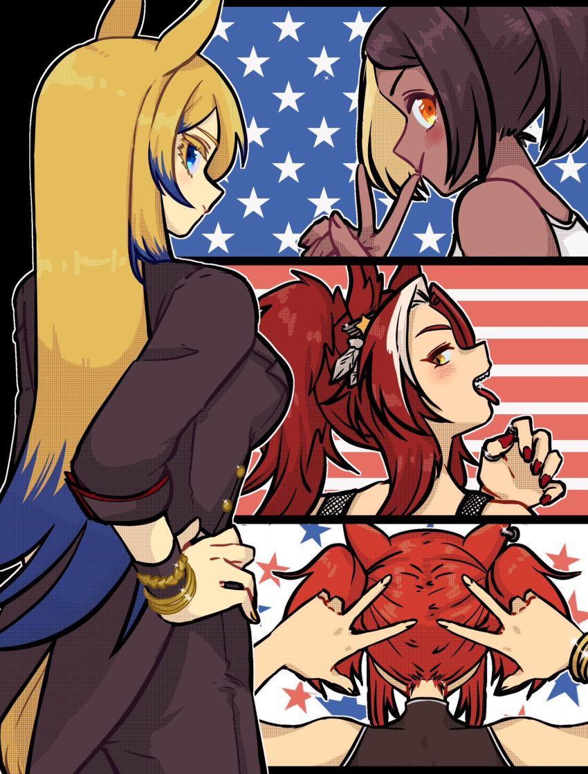 american_flag animal_ears bare_shoulders black_jacket blonde_hair blue_eyes blush brown_hair colored_inner_hair dark-skinned_female dark_skin double_v ear_ornament from_behind gradient_hair hand_on_own_hip highres horse_ears horse_girl jacket long_hair looking_at_viewer looking_back michelle_my_baby multicolored_hair obey_your_master_(umamusume) orange_eyes ponytail red_hair short_hair streaked_hair thief_crow_(umamusume) tira_(tira_e) tongue tongue_out umamusume umamusume:_cinderella_gray v white_hair yellow_eyes