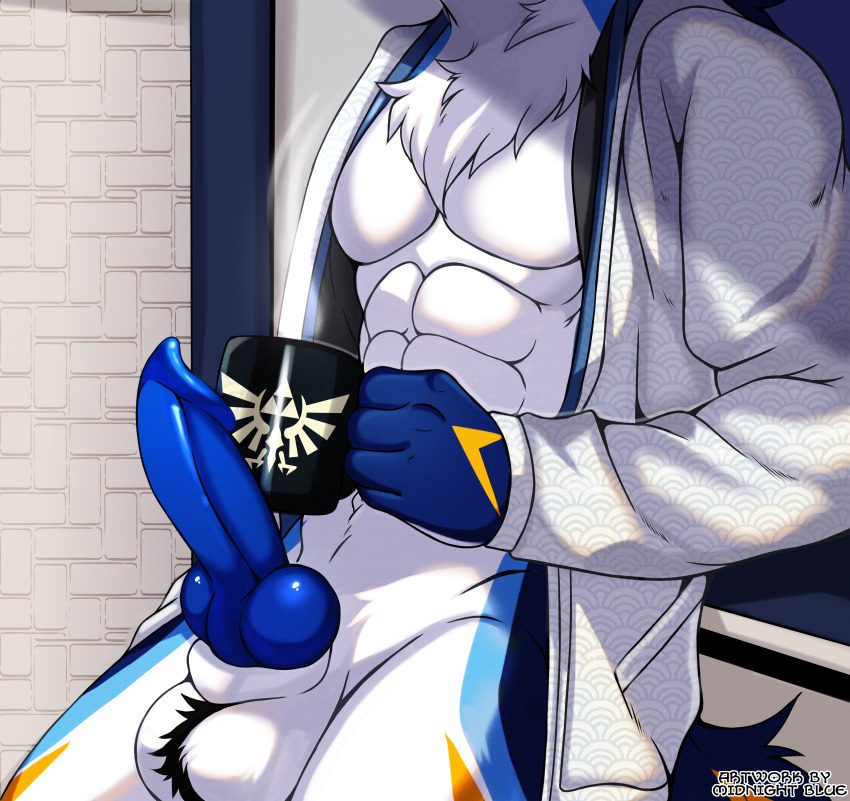 abs absurd_res anthro balls beverage canid canine canis clothing coffee coffee_cup container cup erection genitals hi_res male mammal midnight_blue muscular muscular_anthro muscular_male nipples nude nude_anthro penis robe simple_background solo wolf
