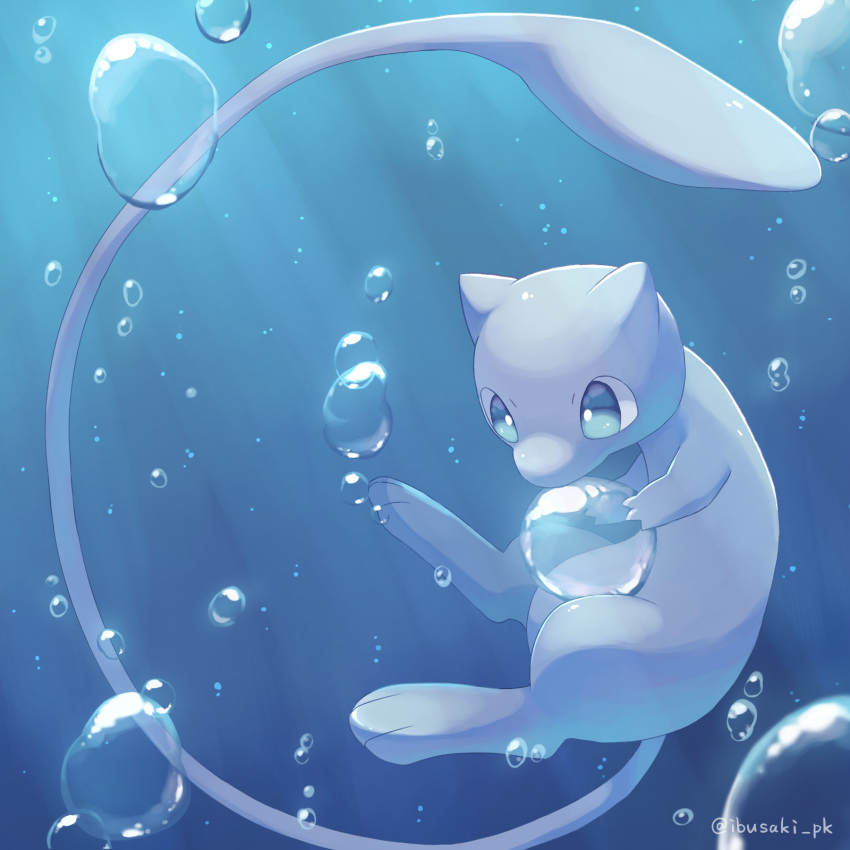 air_bubble aqua_eyes bright_pupils bubble commentary_request highres holding holding_bubble ibusaki_(ivu) looking_down mew_(pokemon) no_humans pokemon pokemon_(creature) solo underwater watermark white_pupils