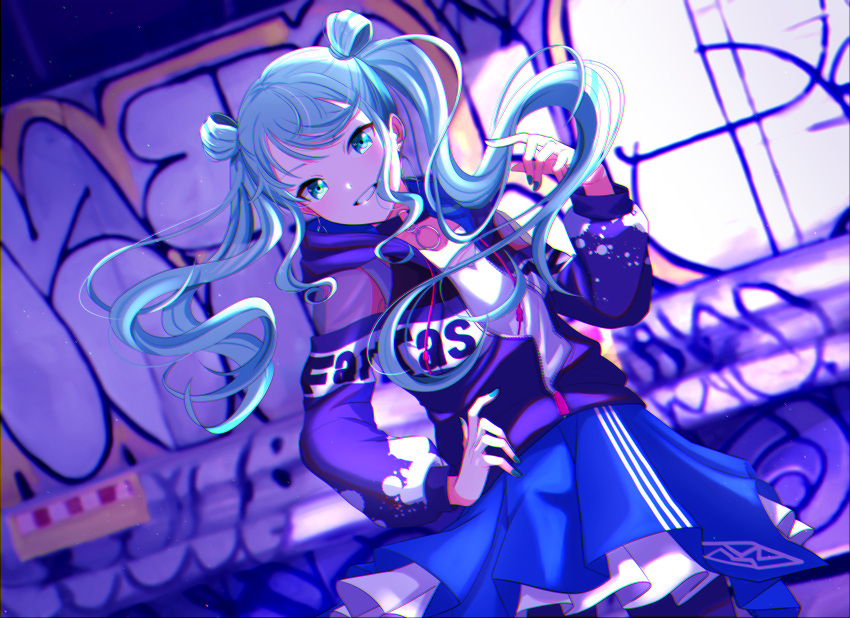 1girl absurdres aqua_eyes aqua_hair black_choker black_jacket blue_skirt choker cowboy_shot graffiti grin hair_rings hand_on_own_hip hatsune_miku highres jacket long_hair long_sleeves looking_at_viewer o-ring o-ring_choker project_sekai puffy_long_sleeves puffy_sleeves shirt sidelocks skirt smile solo taro14_tea twintails vivid_bad_squad_(project_sekai) vivid_bad_squad_miku vocaloid white_shirt