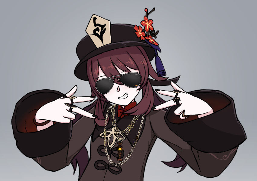 1girl aviator_sunglasses black_headwear black_nails brown_hair chinese_clothes clenched_teeth collared_coat commentary english_commentary flower genshin_impact gold_necklace grey_background grin hair_between_eyes hands_up hat hat_flower hat_tassel highres hu_tao_(genshin_impact) jewelry long_hair multiple_rings necklace plum_blossoms porkpie_hat ring smile solo sunglasses teeth twintails upper_body w xandier59