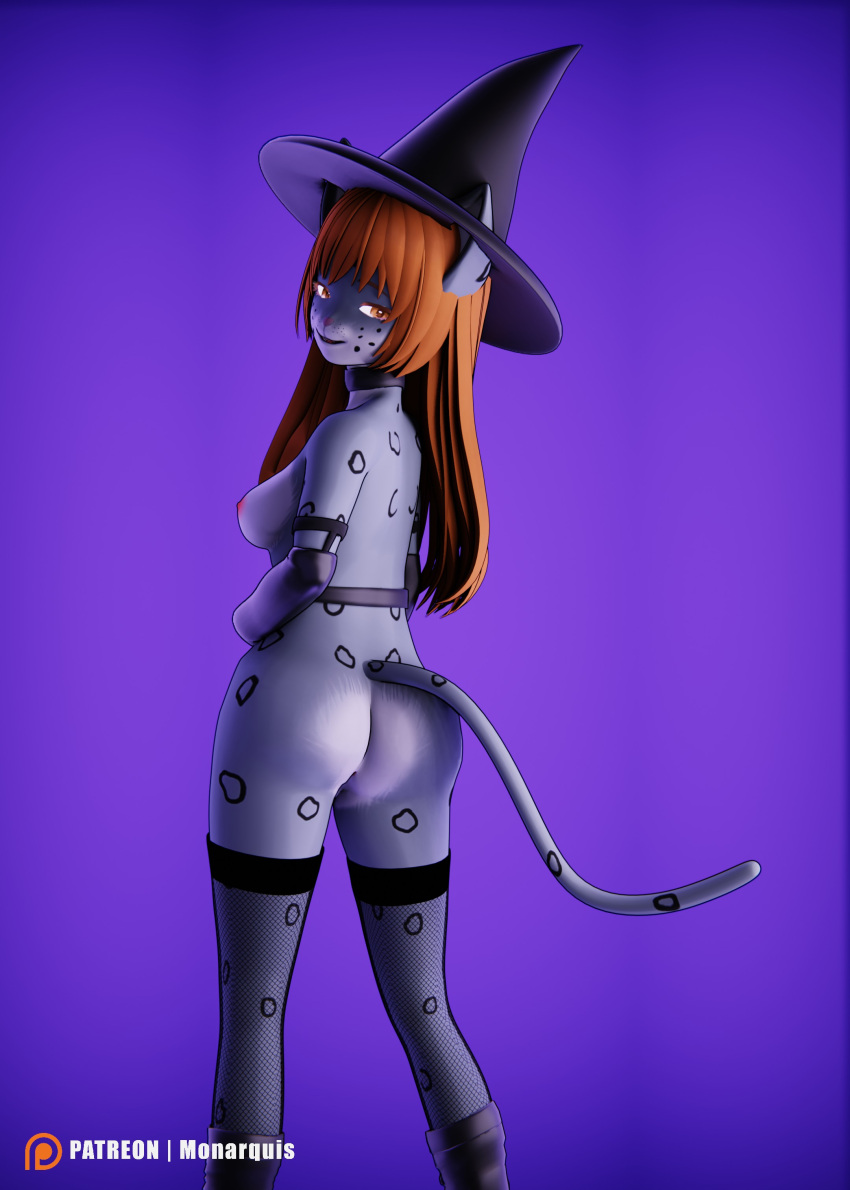 3d_(artwork) absurd_res anthro black_clothing boots breasts clothing digital_media_(artwork) felid female footwear hair halloween_costume hat headgear headwear hi_res holidays invalid_tag lingerie magic_user mammal momo_(monarquis) monarquis nipple_outline pantherine red_hair simple_background snow_leopard solo witch witch_costume witch_hat