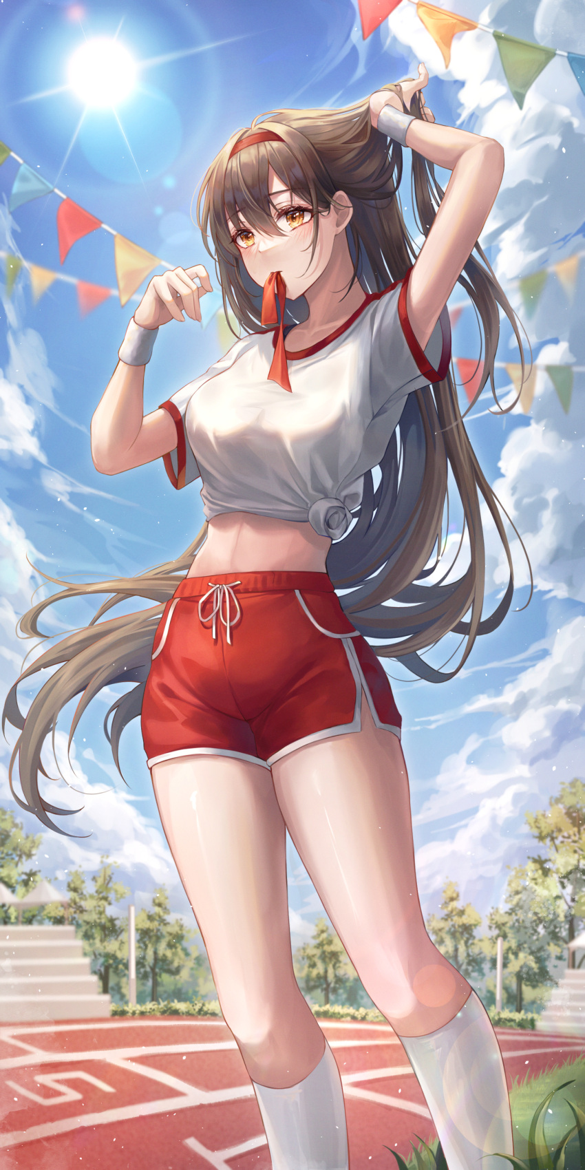 1girl absurdres arm_up bare_legs breasts brown_hair crop_top day dolphin_shorts drawstring feet_out_of_frame gym_uniform hair_tie_in_mouth hairband hand_up highres kneehighs long_hair looking_ahead medium_breasts midriff mouth_hold original outdoors pippin_(pippin_sol) red_shorts shirt short_shorts short_sleeves shorts side-tie_shirt socks solo standing sweatband thighs track_and_field very_long_hair white_shirt white_socks yellow_eyes