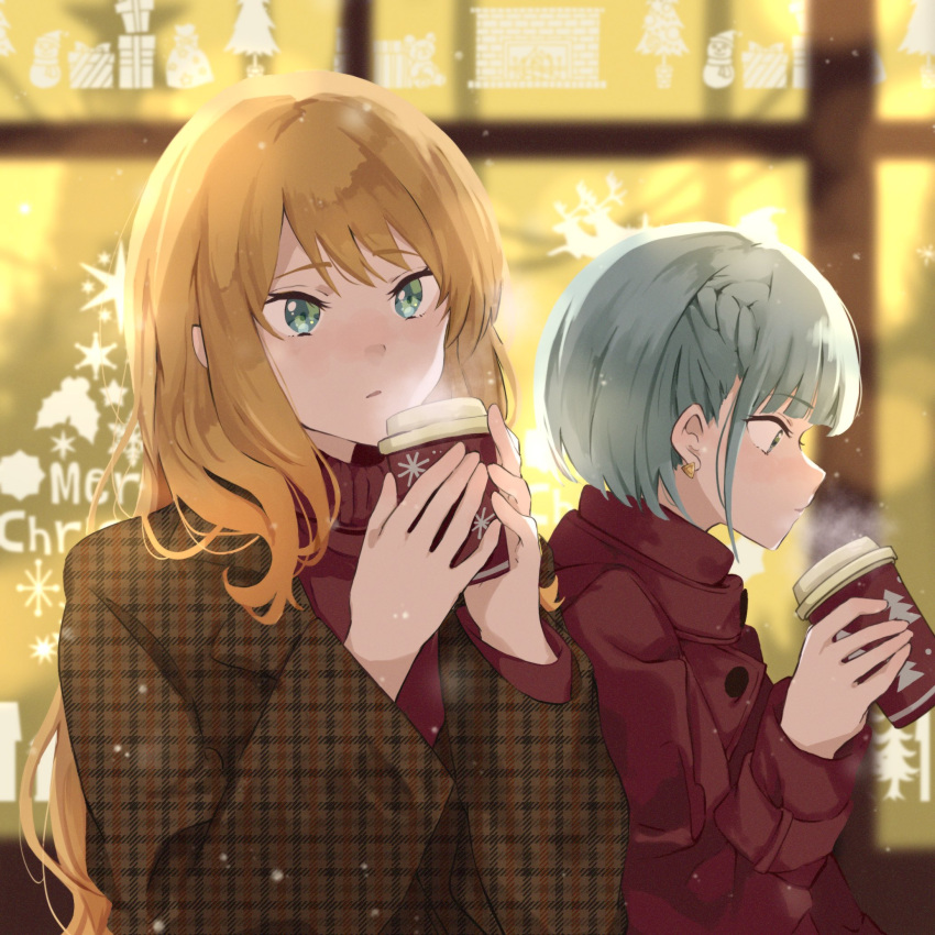2girls blazer blowing_on_food blush braid brown_hair brown_jacket buttons coffee_cup cup day disposable_cup earrings evening fran_(idoly_pride) green_eyes grey_hair highres holding holding_cup idoly_pride jacket jewelry kana_(idoly_pride) long_bangs long_hair long_sleeves looking_ahead looking_down multiple_girls open_clothes open_jacket outdoors parted_lips plaid plaid_jacket profile red_jacket red_sweater short_hair steam straight_hair sweater turtleneck turtleneck_sweater upper_body watameki_(pixiv_33969409) window