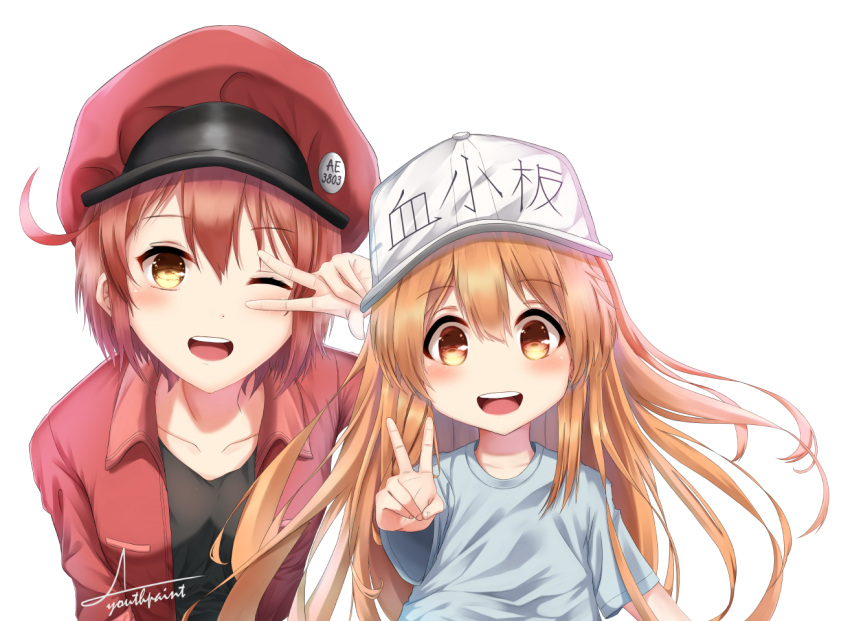 2girls ae-3803 ahoge baseball_cap bent_over black_shirt blue_shirt blush brown_eyes brown_hair cabbie_hat collarbone commentary hair_between_eyes hat hat_writing hataraku_saibou headwear_writing jacket leaning_forward long_hair looking_at_viewer multiple_girls one_eye_closed open_clothes open_jacket open_mouth platelet_(hataraku_saibou) red_blood_cell_(hataraku_saibou) red_hair red_headwear red_jacket shirt short_hair short_sleeves side-by-side simple_background smile t-shirt translated upper_body v v_over_eye very_long_hair white_background white_headwear youthpaint