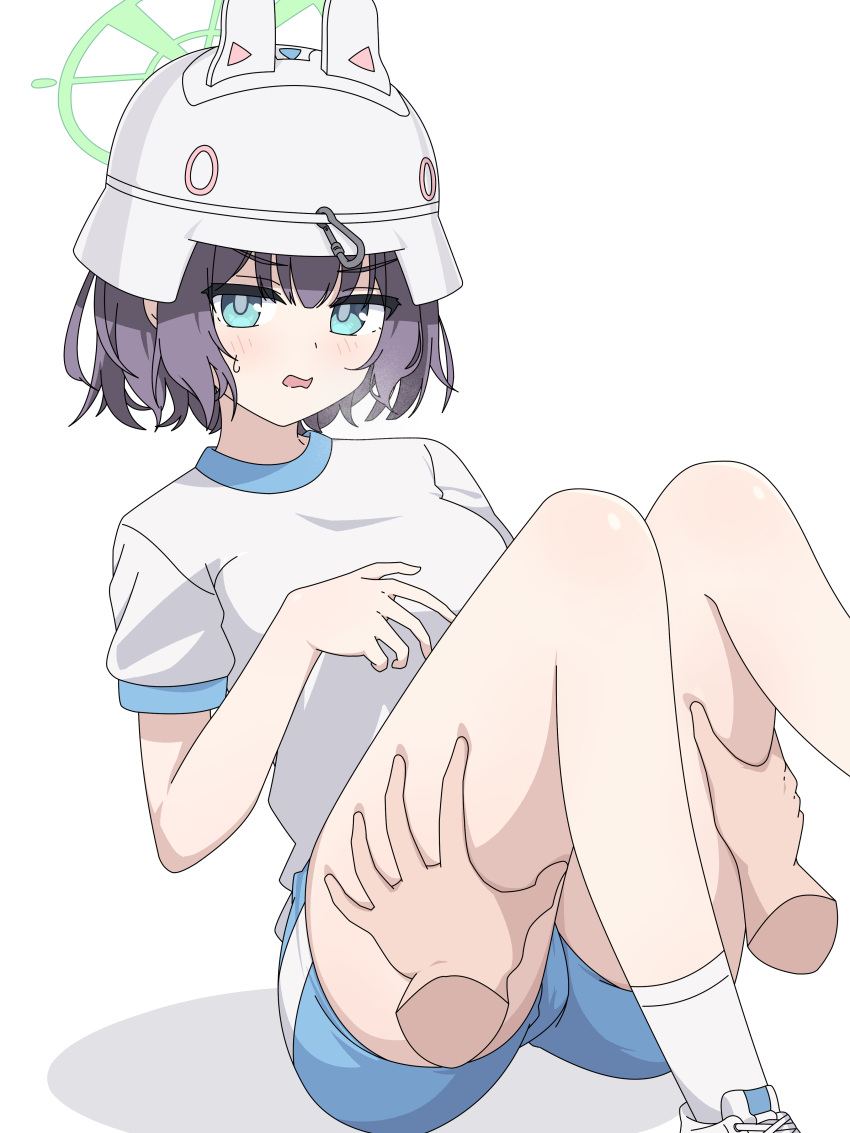 absurdres blue_archive blue_shorts green_eyes gym_shirt gym_shorts gym_uniform halo highres looking_at_viewer mangyu0111 medium_hair official_alternate_costume purple_hair saki_(blue_archive) shirt shorts thighs white_background white_helmet white_shirt