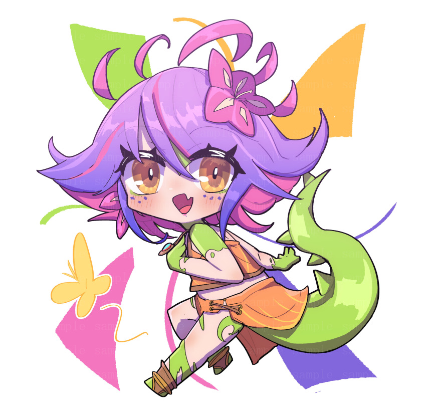 1girl :d absurdres bare_shoulders blush brown_eyes chibi colored_skin cropped_shirt fang flipped_hair flower from_side full_body green_skin hair_between_eyes hair_flower hair_ornament highres league_of_legends lizard_tail looking_at_viewer monakan_japan multicolored_hair neeko_(league_of_legends) orange_shirt orange_skirt pink_background pink_hair purple_hair red_flower shirt skin_fang skirt smile solo tail two-tone_hair white_background