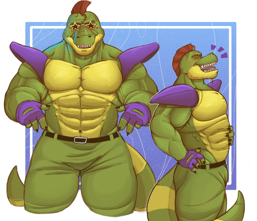 2023 abs alligator alligatorid animatronic anthony_milko anthro barazoku beard belt biceps bottomwear clothed clothing crocodilian digital_media_(artwork) eyebrows eyewear facial_hair fingerless_gloves five_nights_at_freddy's five_nights_at_freddy's:_security_breach gloves green_body green_scales hair handwear hi_res machine male mohawk montgomery_gator_(fnaf) muscular muscular_anthro muscular_male muscular_thighs navel open_mouth open_smile pecs pose quads red_hair reptile robot scales scalie scottgames sharp_teeth shorts shoulder_pads smile solo star_sunglasses steel_wool_studios sunglasses tail teeth thick_thighs tongue topless
