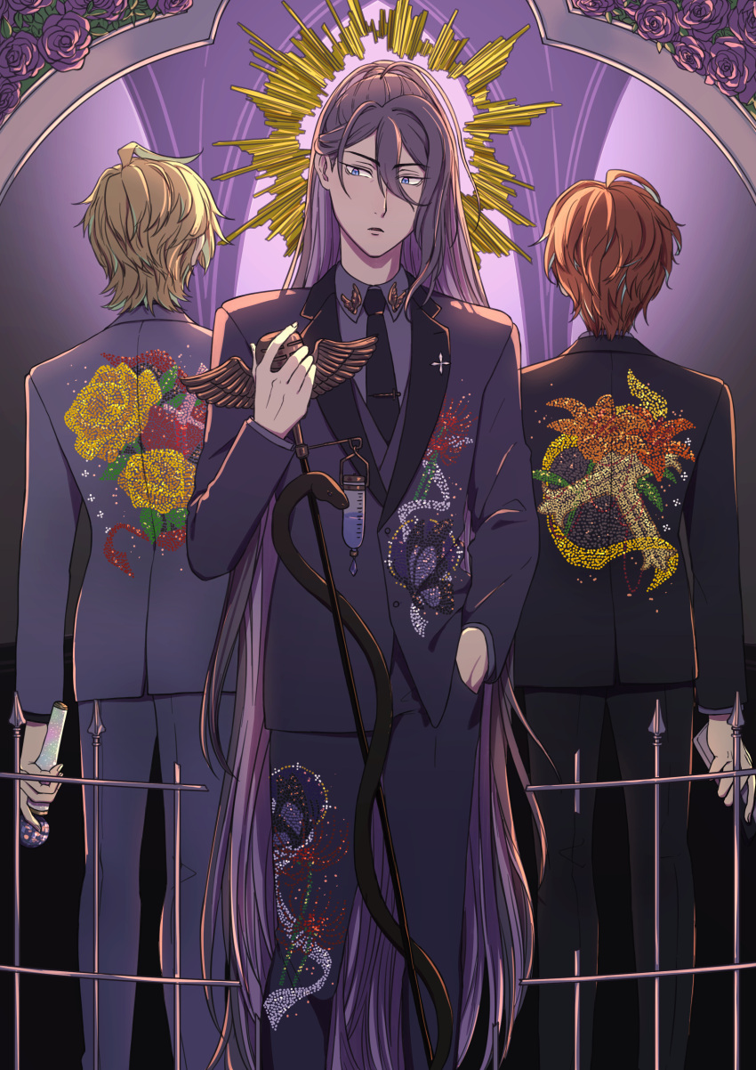 3boys absurdres black_necktie black_pants black_suit blonde_hair blue_eyes brown_hair flower grey_suit hair_between_eyes hand_in_pocket highres holding holding_microphone hypnosis_mic izanami_hifumi jinguji_jakurai kannonzaka_doppo kirisaika long_hair male_focus microphone microphone_stand multiple_boys necktie pants purple_hair suit tie_clip very_long_hair